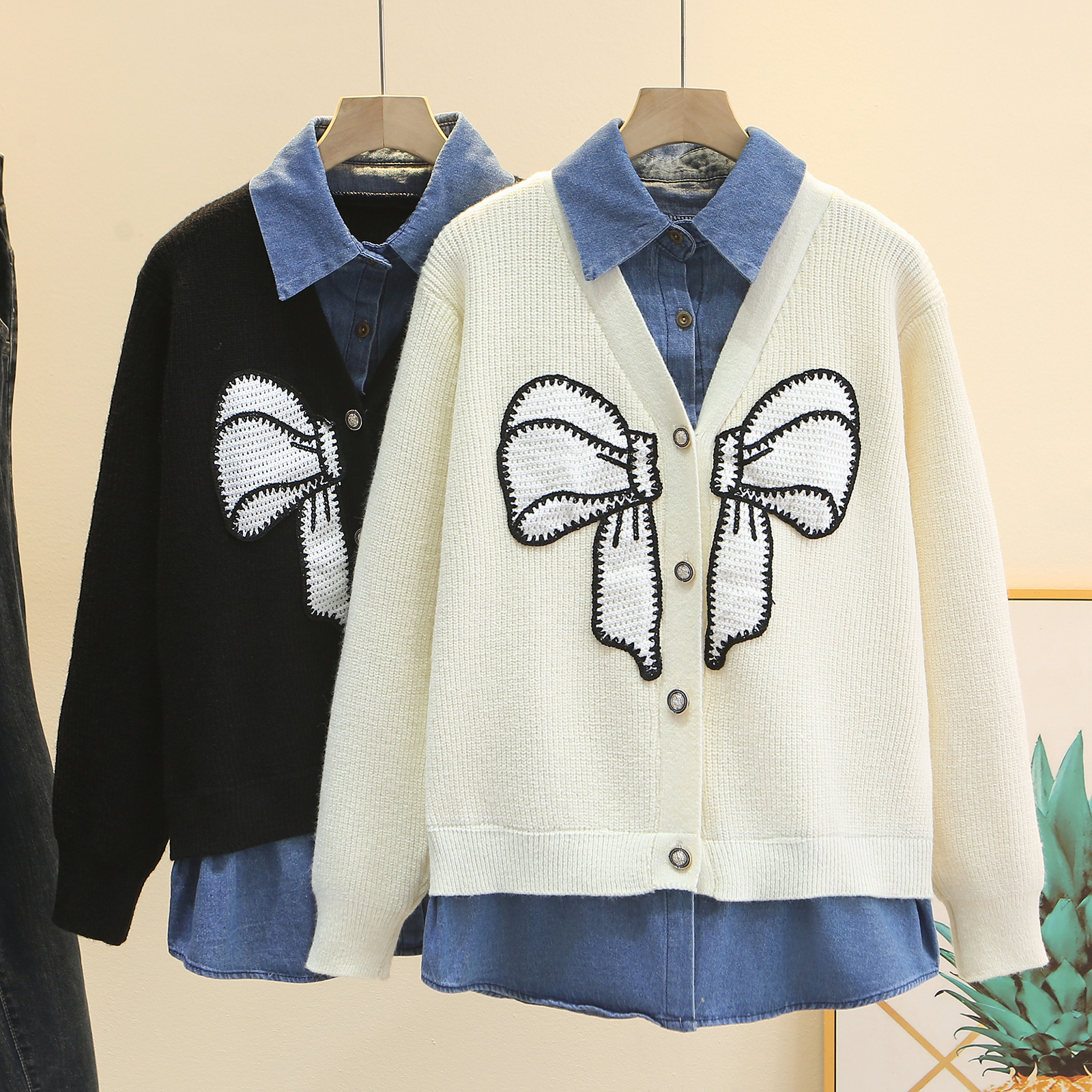 Cárdigan de dos piezas falso bordado de estilo francés para mujer de talla grande, diseño patchwork de mezclilla con lazo, prenda exterior de moda de otoño_voghion.com