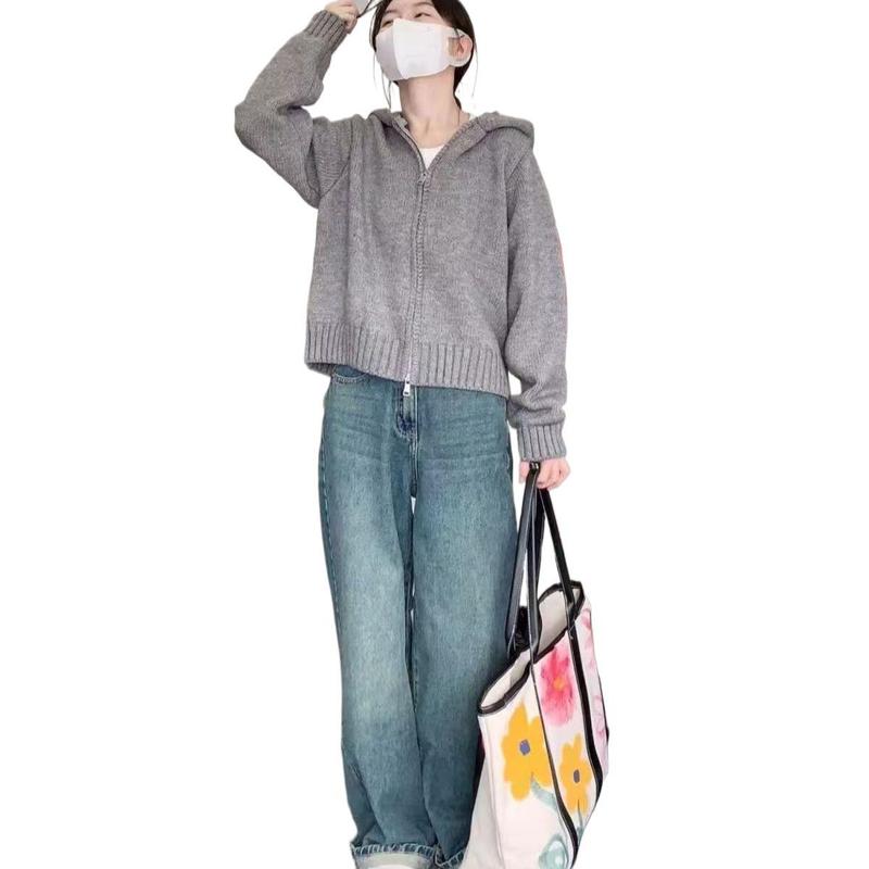 感慵懒风连帽卫衣拉链毛衣女秋冬宽松显瘦设计感针织开衫|undefined