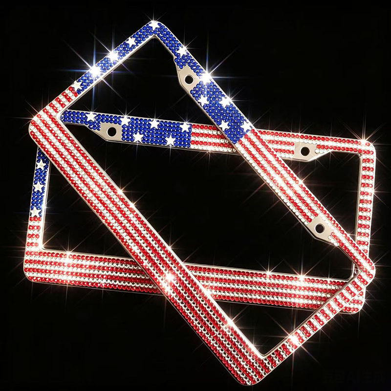 Cross-Border Amazon Diamond-Encrusted American License Plate Frame, American Flag License Plate Frame, Acrylic Diamond Glass Rhinestone License Plate Holder
