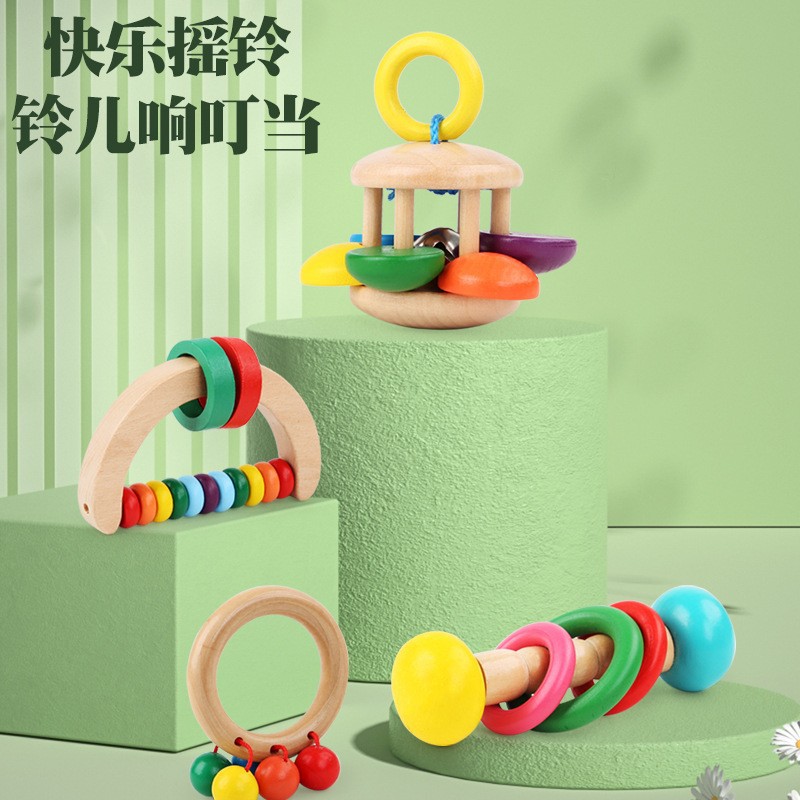 木制摇铃四件套手摇铃奥尔夫乐器 婴幼儿手抓摇铃 宝宝早教玩具