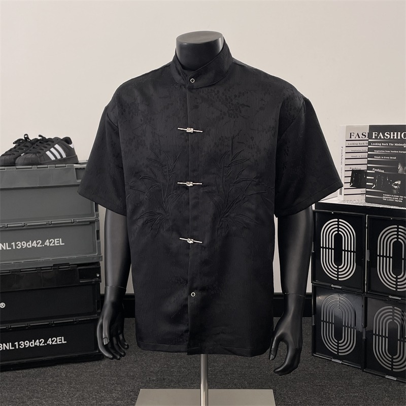 Chinese Style Jacquard Stand Collar Short Sleeve Shirt for Men Summer Retro Dark Pattern Texture Button-Down Tunic