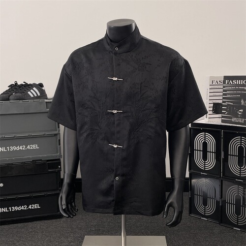 National trend new Chinese jacquard stand-neck short-sleeve shirt for men's summer retro dark pattern texture buckle tunic suit