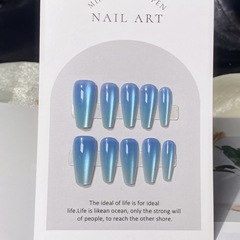 海洋藍色穿戴甲甲片漸變藍預製甲氣質藍美甲貼片中長分碼成品10片