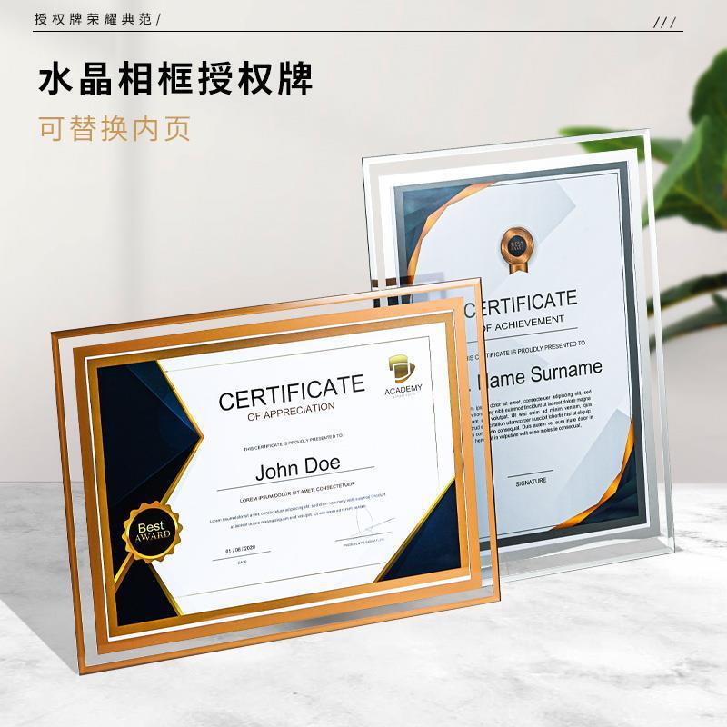 Crystal Glass Photo Frame Medal Honor Certificate Franchise Dealer A4 Outstanding Employee Award Plaque Picture Frame