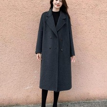 25年新款秋冬双面绒大衣时尚宽松中长版百搭毛呢大衣外套碳黑色
