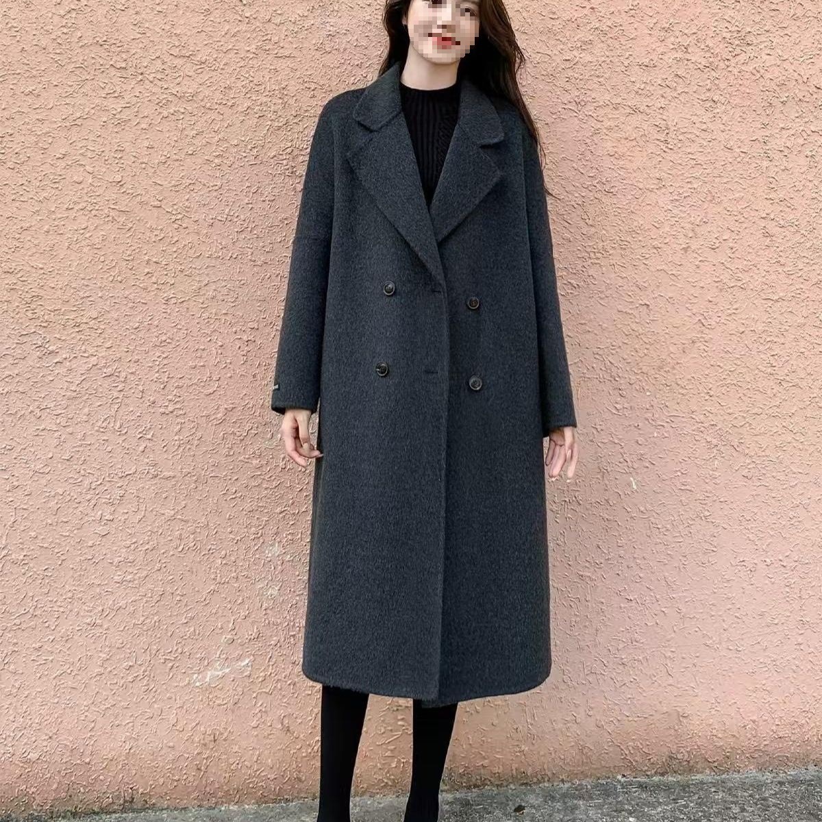 25年新款秋冬双面绒大衣时尚宽松中长版百搭毛呢大衣外套碳黑色