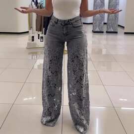 欧美跨境2025新款春夏高腰阔腿裤时尚气质百搭缕空蕾丝拼接牛仔裤