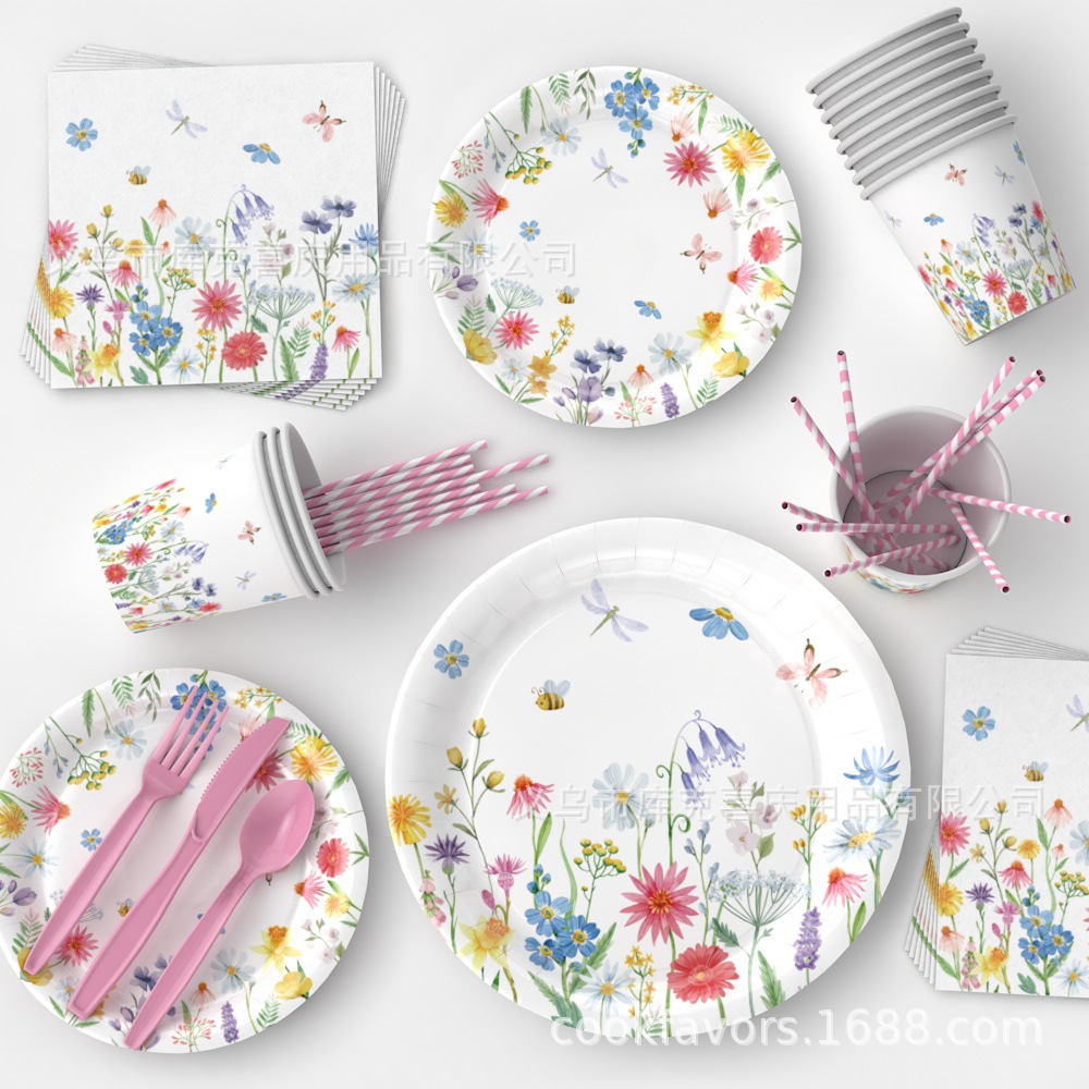 Amazonas primavera flor silvestre flor tema bandeja de papel desechable tazas de papel toallas set de cubiertos decoración de fiesta de cumpleaños