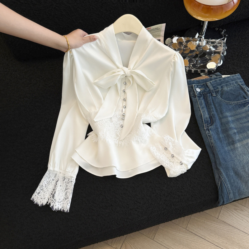 Real Shot! New Style Lace-Trimmed White Acetate Satin Shirt for Women, High-End Waist-Cinching Blouse