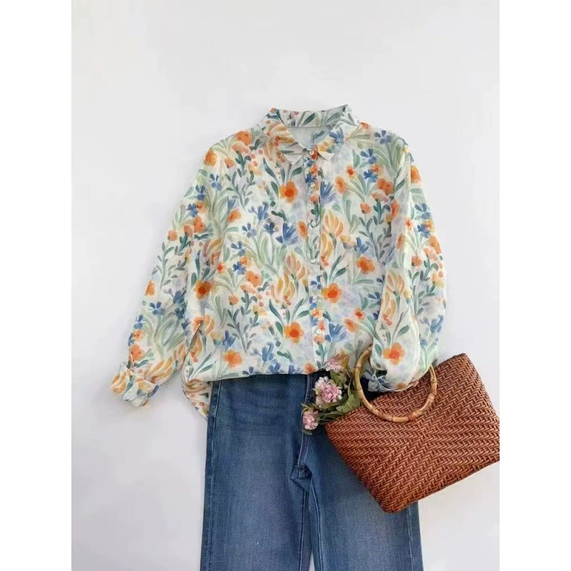 2025 весна и лето новая рома цветочная рубашка дикая свободная тонкая рубашка с принтом женский топ с длинными рукавами