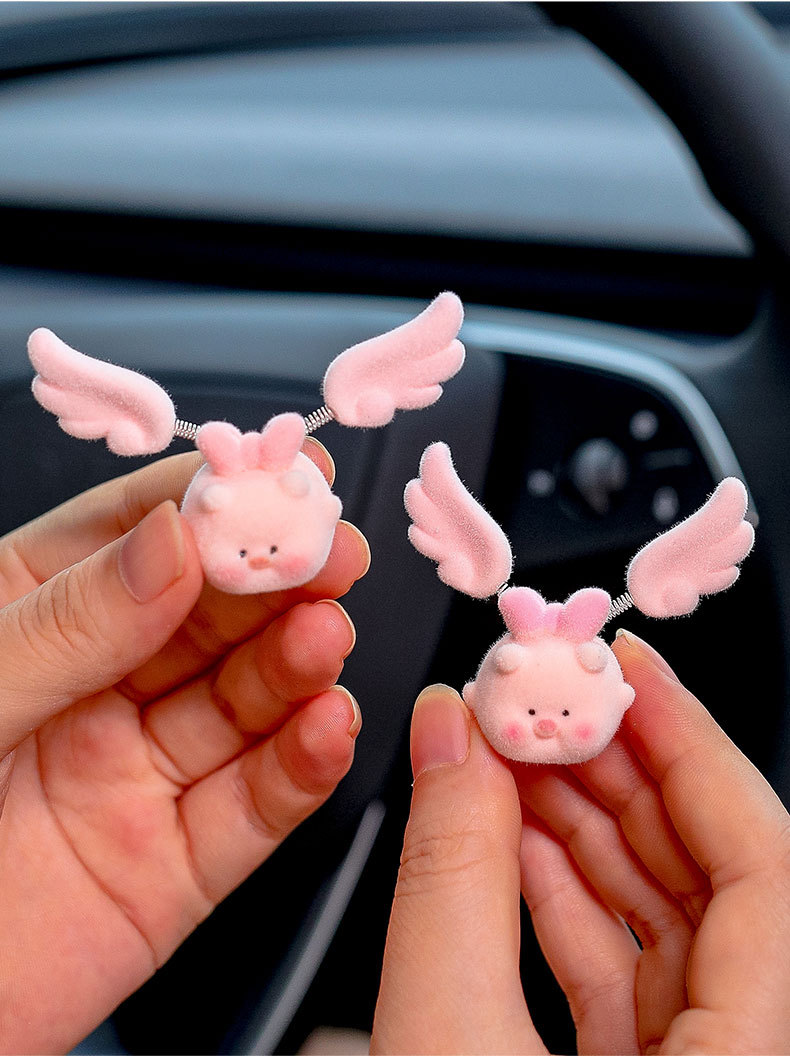 Flocked Little Flying Pig Car Screen Decoration with Spring-Loaded Angel Wings, Piggy Car Dashboard Display Decoration