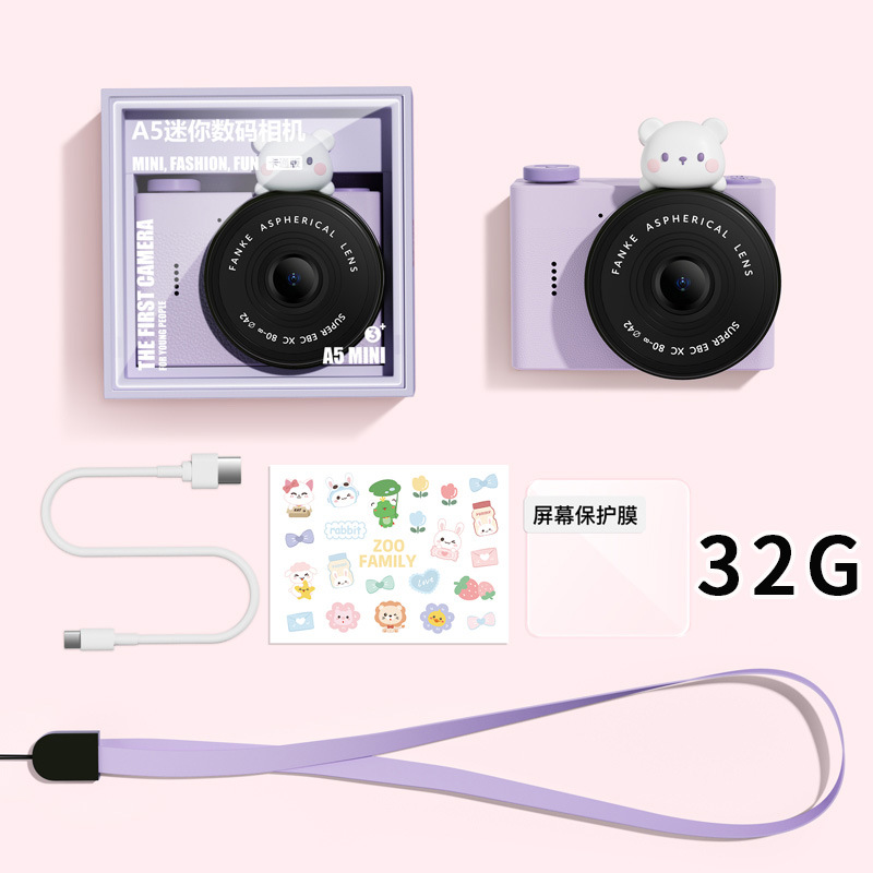 Cámara de estudiante de dibujos animados para niños A5 Cámara de bolsillo portátil de doble cámara delantera y trasera Mini cámara digital Regalo del día de los niños