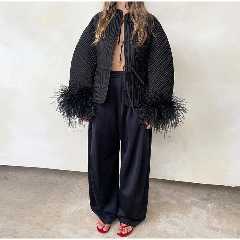 Real shot-solid color lace-up feather jacket coat 2024 European and American cross-border fashion women's autumn and winter personalized street coat