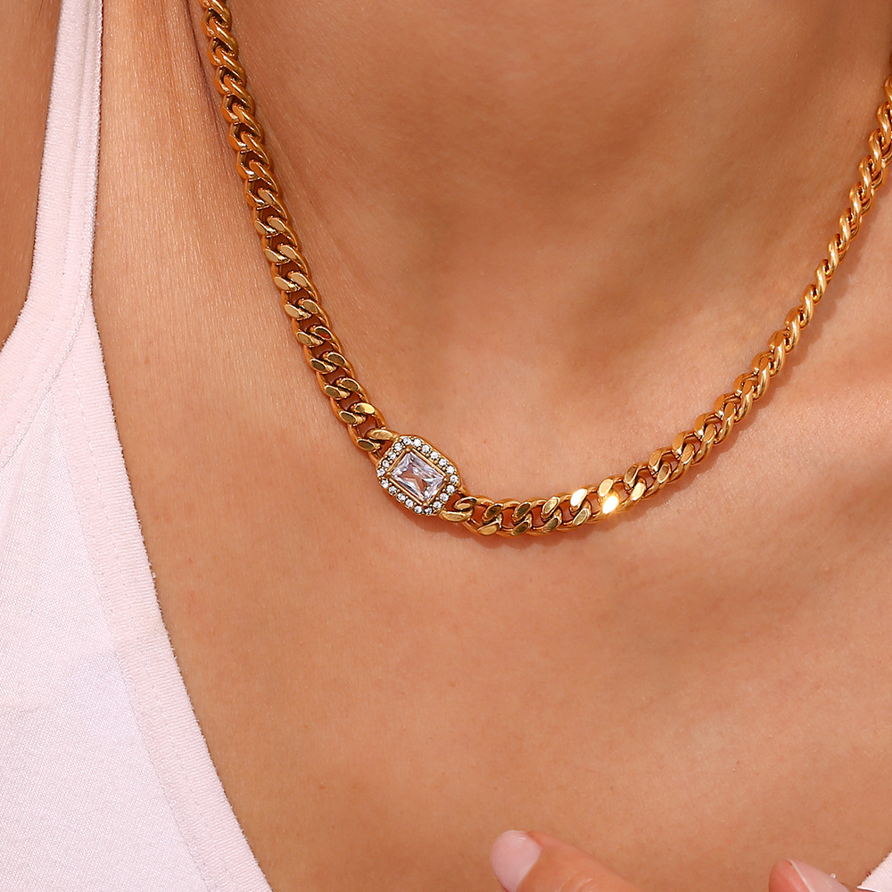 White Zircon Inlaid Stainless Steel Necklace