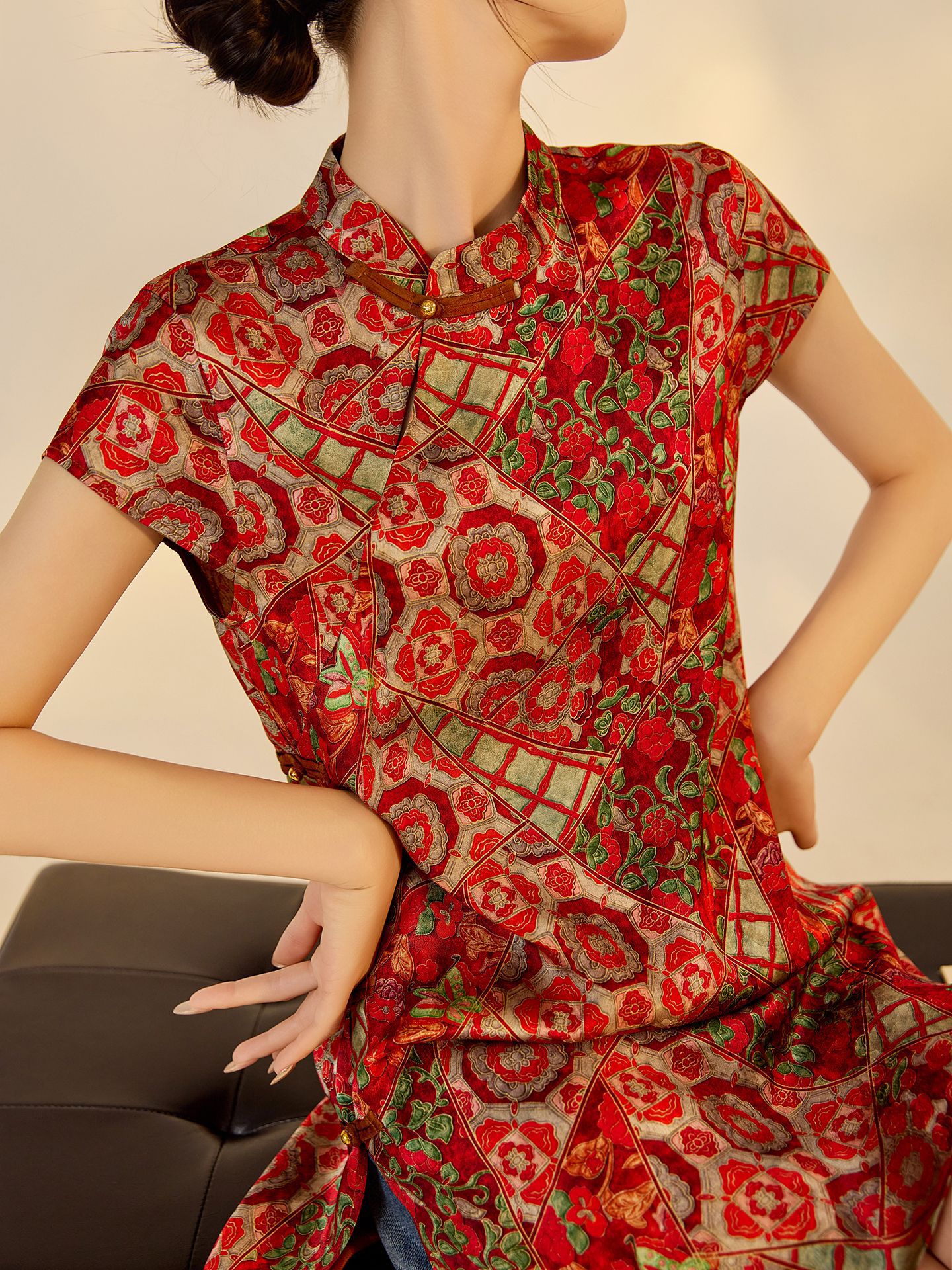 Đầm suông midi chữ A vải rayon thêu hoa cách tân cổ điển Trung Quốc — Màu đỏ san hô, Màu caramel