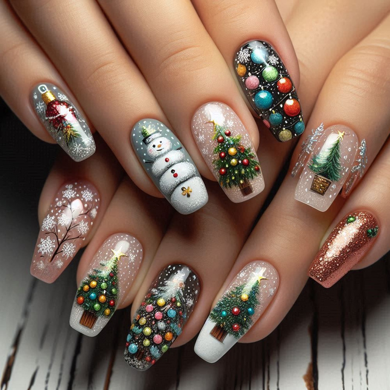Cross-Border Hot-Selling Christmas-Themed Manicure, Snowman Christmas Tree Wearable Nails, Long Nails, 24-Piece Finished Nail Patches Cross-Border Hot-Selling Christmas-Themed Manicure, Snowman Christmas Tree Wearable Nails, Long Nails, 24-Piece Finished Nail Patches