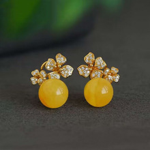 正宗天然蜜蜡耳饰波罗的海鸡油黄琥珀耳饰s925纯银镀金仙气花正品