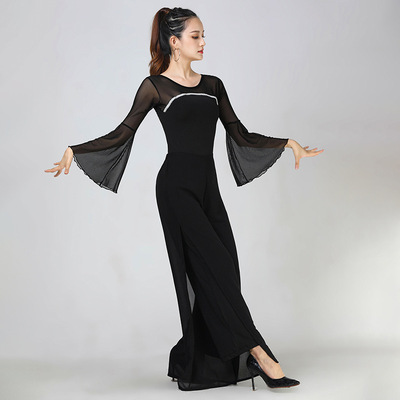 Black Pink Latin ballroom dance Bodysuits top female new modern ballroom dancing a waltz ballroom dance clothing the horn sleeve jumpsuit uniforms