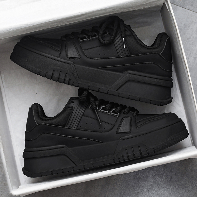 Black Warrior Men's Shoes Spring Trendy Versatile Sports Casual Pure Black Low-Top Sneakers Thick-Soled Height-Increasing Trendy Shoes