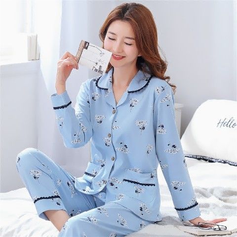 Pijamas mujer primavera y otoño 100% algodón de manga larga cardigan otoño algodón casual prendas de vestir exteriores ropa de hogar otoño e invierno dos piezas