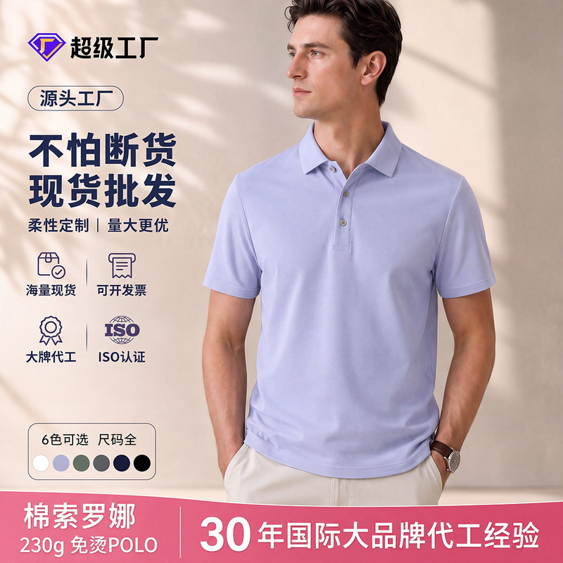 2026 High-End Solona Cotton Double-Sided Seamless Collar Polo Shirt Men's Turn-Down Collar T-Shirt Men's Xinjiang Cotton Short-Sleeve Polo Shirt