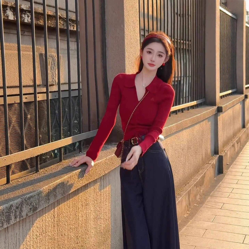 红色长袖polo领针织衫女2025早秋新款韩系修身翻领内搭打底衫上衣|undefined