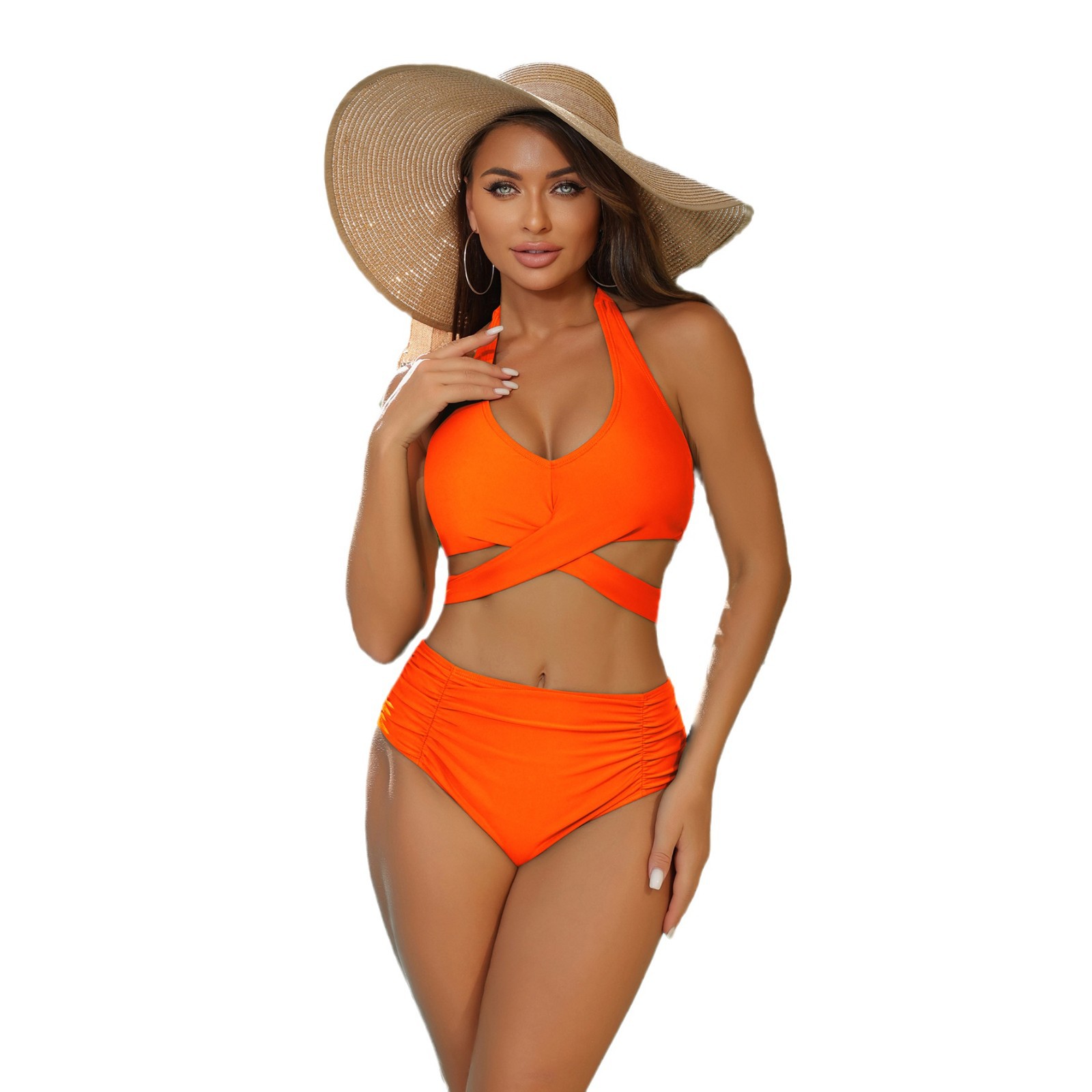 2025 Europa y los Estados Unidos comercio exterior cuello colgante correa cruzada trajes de baño mujeres conservadoras cubren el abdomen de cintura alta plegado bikini tendencia europea y americana