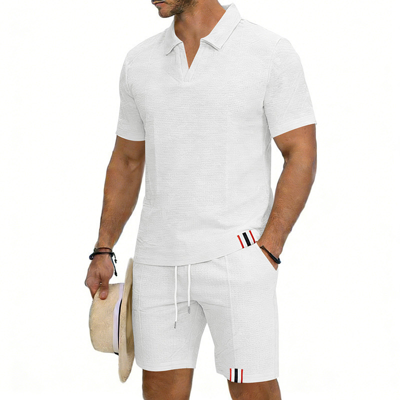 Men's Summer Waffle Knit Polo Shirt And Shorts Set, Casual Breathable Comfort Outfit For Daily Wear ​​Lightweight & Quick-Drying Fabric​_viptrois.com