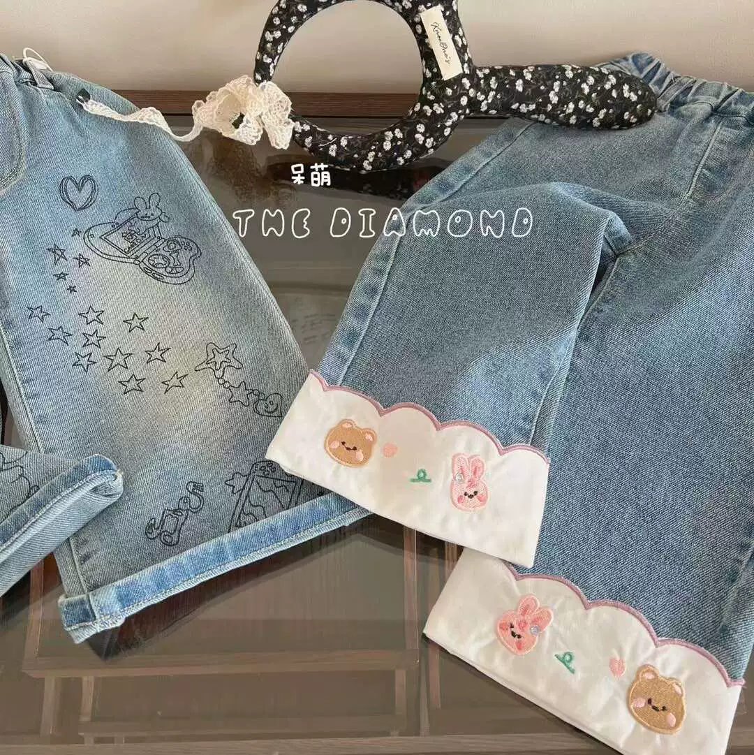 童星圆 Cute jeans girl's, мягкие удобные брюки, с вышивкой, корейский стиль, западный стиль, свободный прямой крой