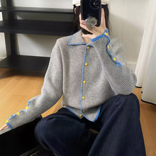 翻领撞色手工勾花边针织衫外套女2025秋冬款韩系设计感针织衫上衣