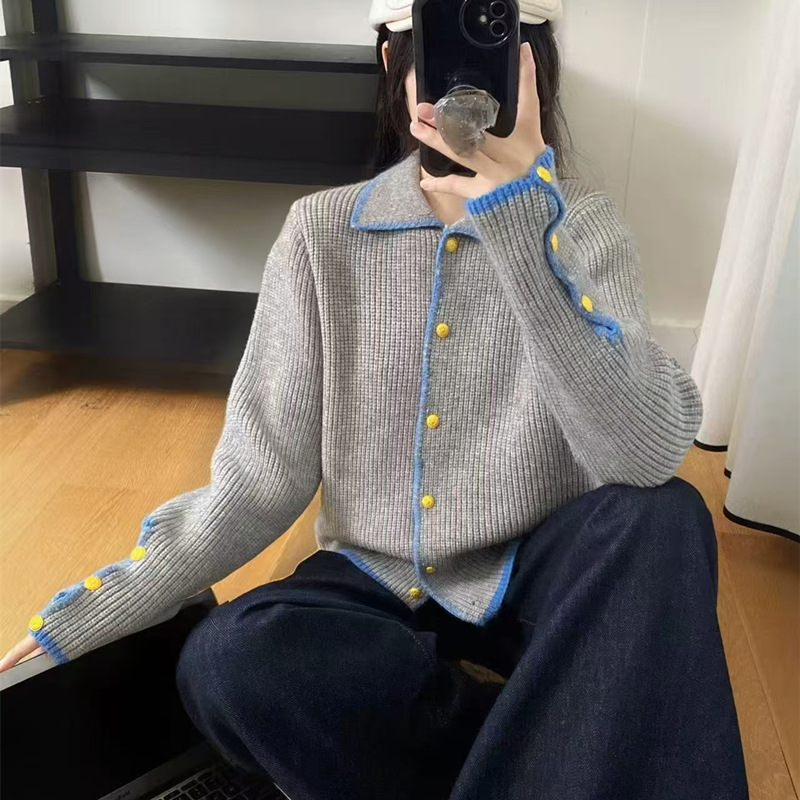翻领撞色手工勾花边针织衫外套女2025秋冬款韩系设计感针织衫上衣