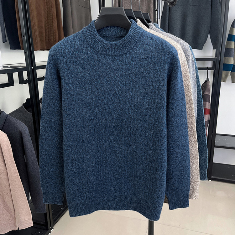 Comercio exterior lujo de alta calidad 100% suéter de oveja color sólido cuello redondo marea Jacquard hombre engrosado suéter de invierno de manga larga