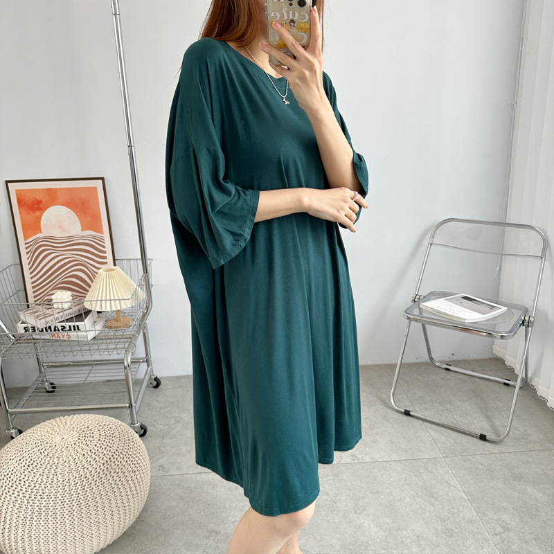 Modal Nightgown Summer New Style Plus Size Short-Sleeved Long Dress Can Be Worn Outside as Home Wear Loose Slimming Dress Cross-Border