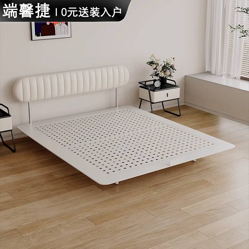 Estilo crema francés, respaldo ultrafino, cabecera, apartamento pequeño, cama de suspensión de acero al carbono, cama de pan de cuero, cama doble simple