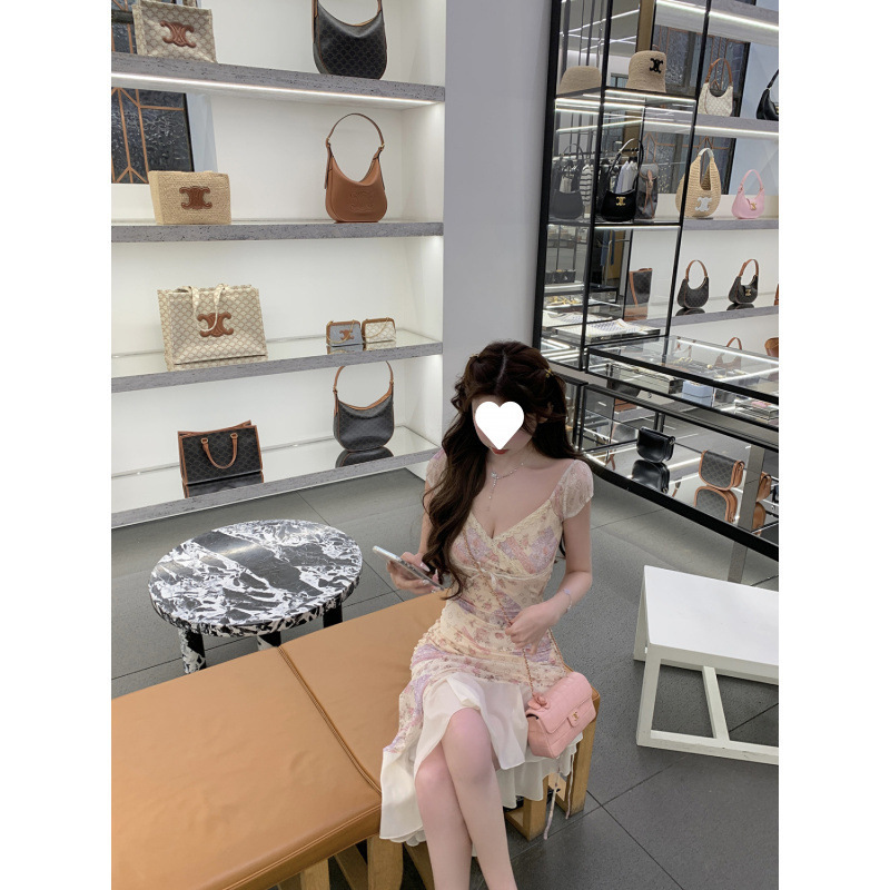 夏の新しいハイエンドフレンチミッドセンチュリー花柄レースドレスフリルウエスト気質スリム不規則スカート|undefined