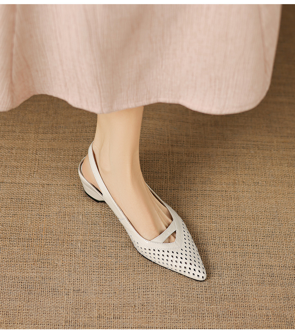 Sandal nữ gót thấp 5.5 cm mũi kín quai ngang khóa một chữ — màu trắng ngà chi tiết 11