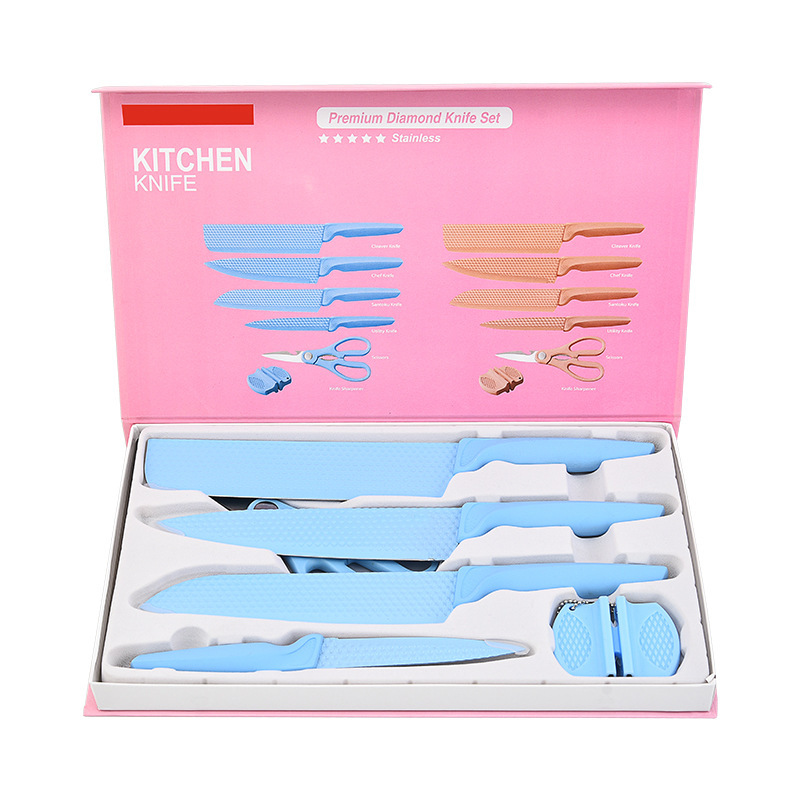Spot al por mayor patrón de copo de nieve 6 esquinas patrón de diamante con afilador de cuchillos regalo en caja juego de cuchillos de cocina
