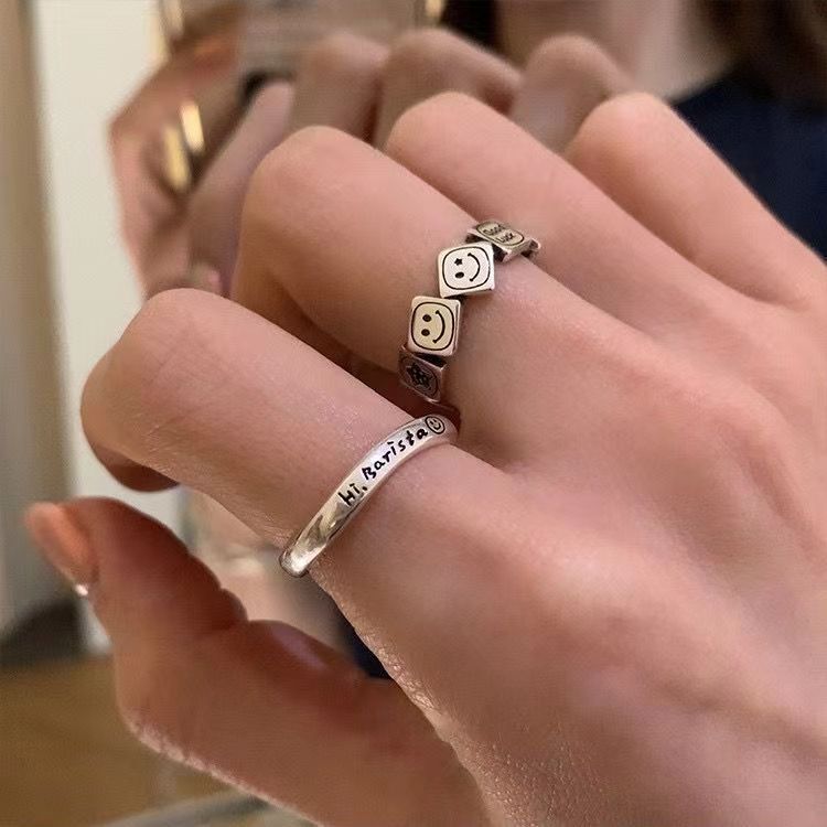 Vintage Distressed Square Smiley Face Ring Women's Ins Niche Design Fashion Personalized Letter Opening Finger Ring Tail Ring Vintage Distressed Square Smiley Face Ring Women's Ins Niche Design Fashion Personalized Letter Opening Finger Ring Tail Ring