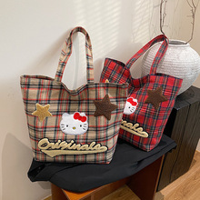 hellokitty大容量斜挎包女时尚可爱kt猫帆布包复古格子通勤托特包