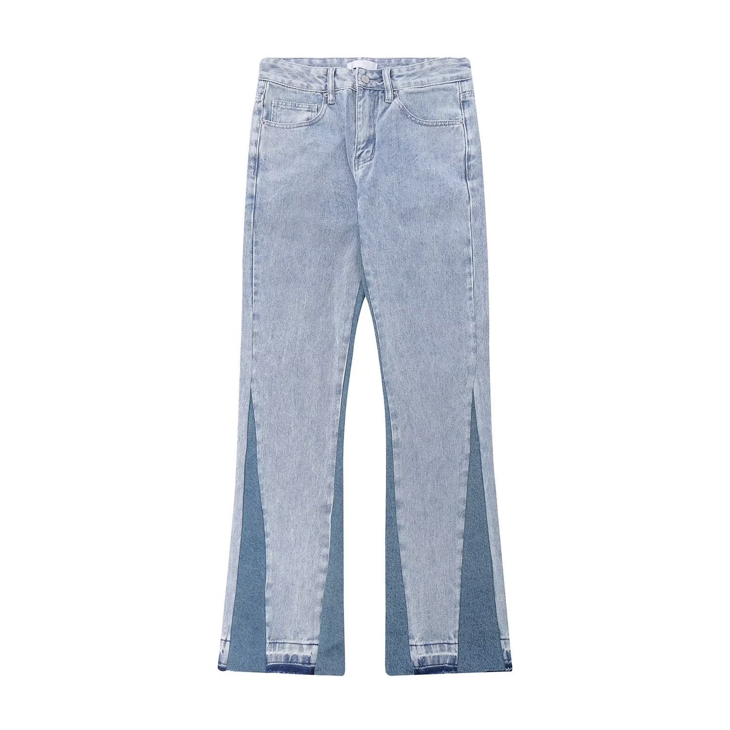 American Style Simple Vintage Color Block Denim Pants Loose Street Washed Frayed Flared Jeans_mkmklike.com
