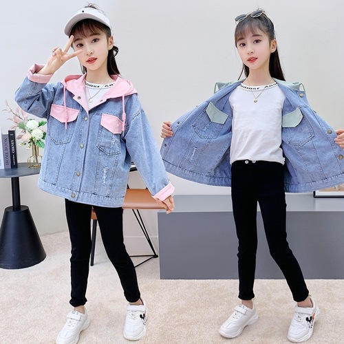2024 spring new girls denim jacket autumn clothing for older children Korean style reversible denim hooded top