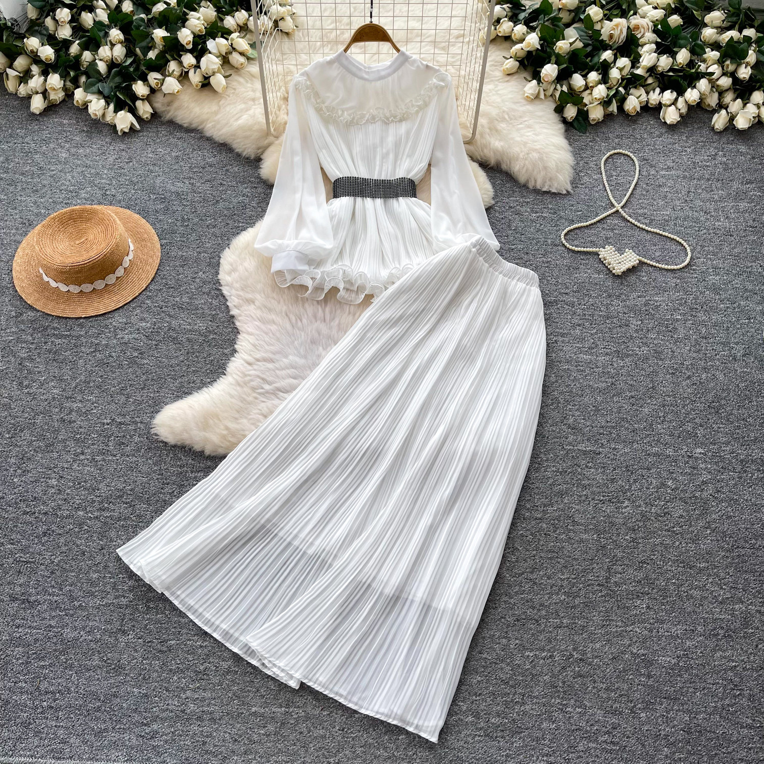 French Office Style Purple Lantern Sleeve Belted Ruffle Midi Dress For Women | Autumn Elegant Two-Piece Set_ecoleips.com