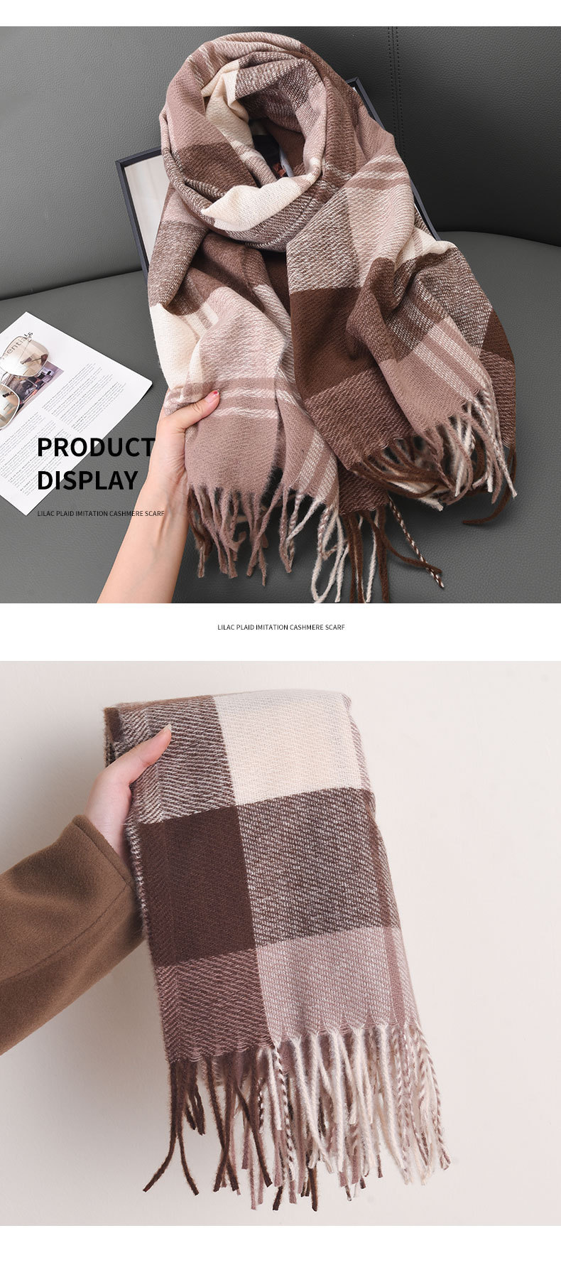 Sciarpa in cashmere autunno/inverno 2024 nuova per donna, caldo, spesso, esterno, scialle, griglia a righe, collo semplice_voghion.com