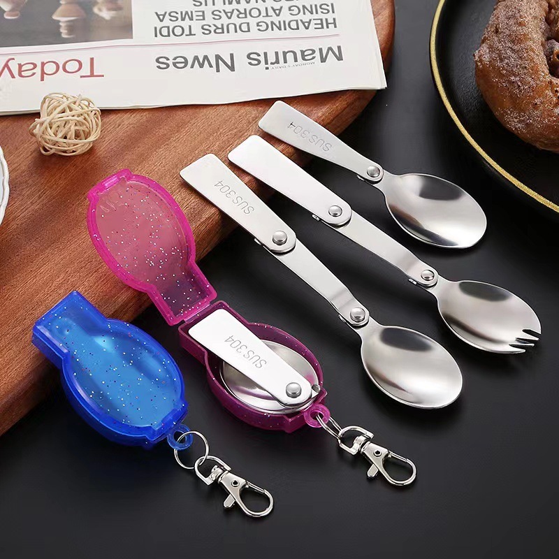 304 Stainless Steel Foldable Portable Cutlery for Outdoor Picnic Camping Travel Portable Rotating Folding Spoon Mini Spoon and Fork