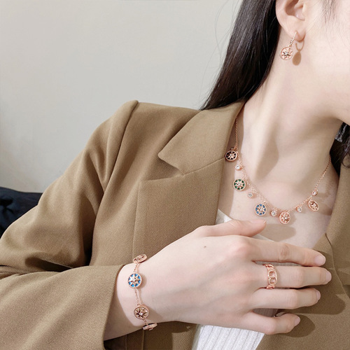 【07】Korean Version Ins Niche Design Sense Eight-pointed Star Single Diamond Compass Octagram Chaos Flower Zodiac Necklace Set