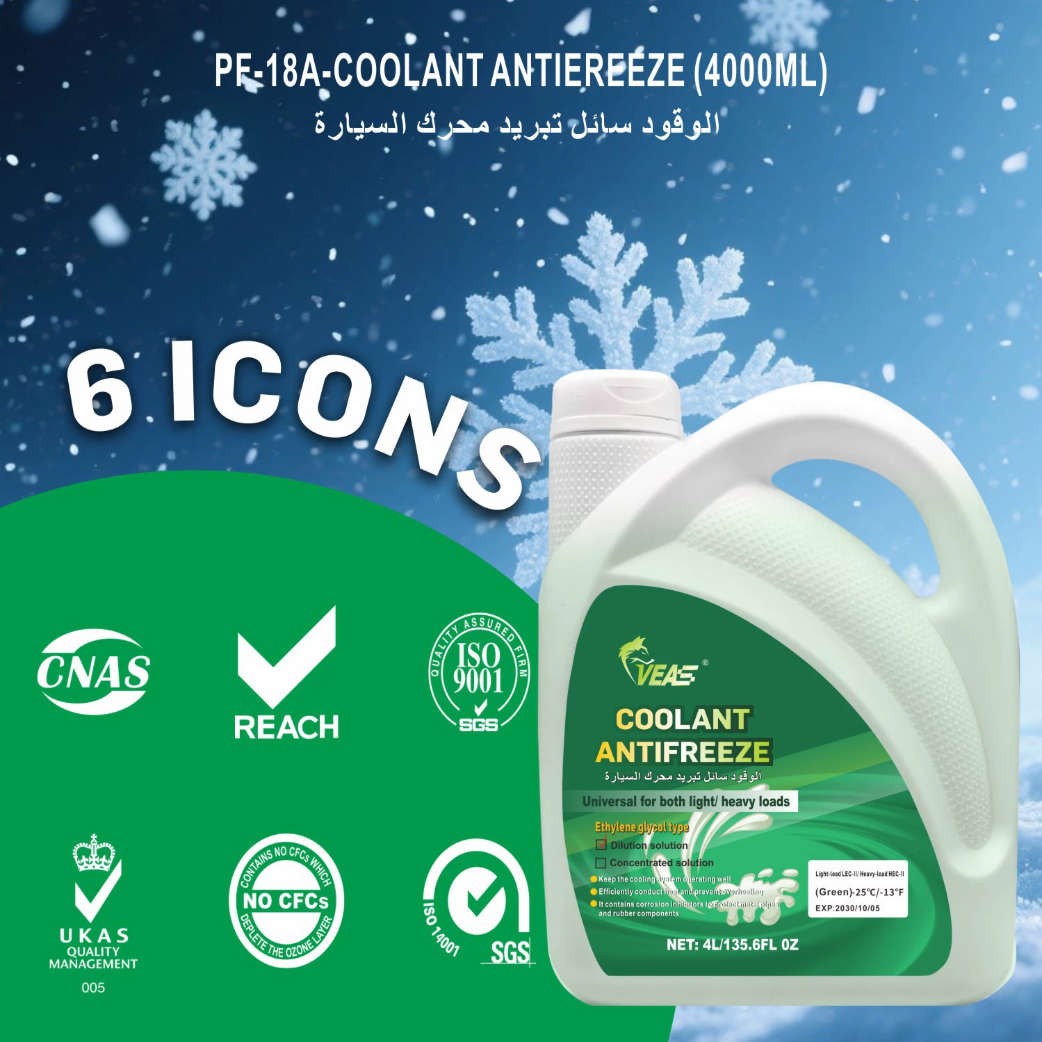 Заводская OEM-настройка 4-литрового долговечного антифриза зеленого универсального цвета -25°C ℃ Резервуар для воды, сокровище, охлаждающая жидкость на основе этиленгликоля