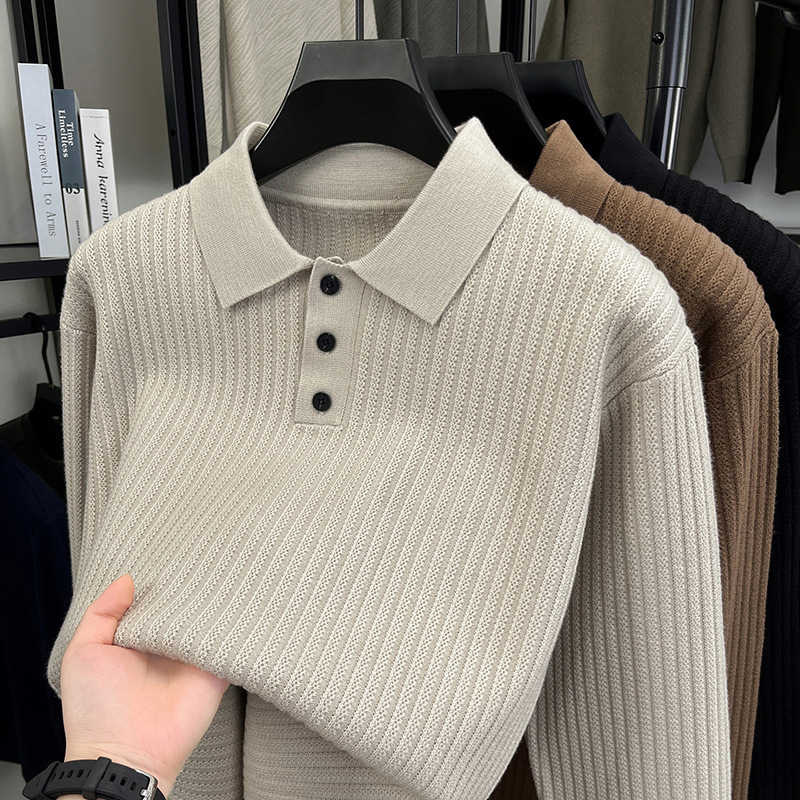 2025高品质新款秋冬翻领竖条提花长袖毛衣中年商务针织百搭上衣