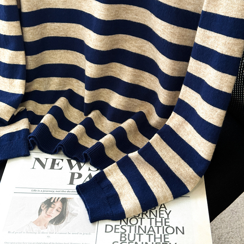 Spring and Summer New Style Andy Velvet Half-High Collar Color-Blocked Striped Long-Sleeved Knitwear Women's Pullover Top Sweater Spring and Summer New Style Andy Velvet Half-High Collar Color-Blocked Striped Long-Sleeved Knitwear Women's Pullover Top Sweater