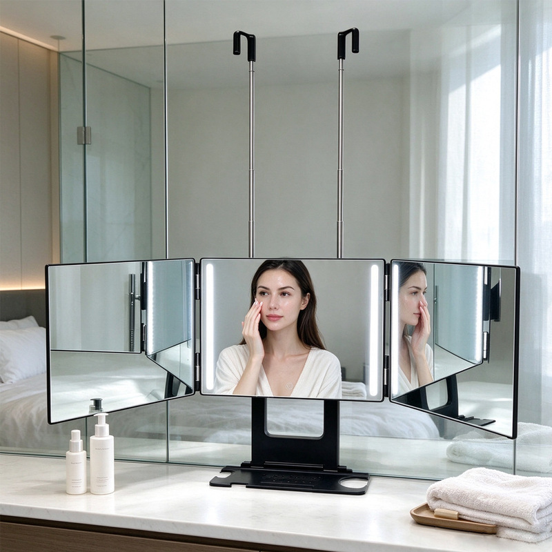 Cross-Border New Product Led Rechargeable Retractable Hook Hanging Makeup Mirror Three-Sided Foldable High-Definition Hairdressing Mirror Cross-Border New Product Led Rechargeable Retractable Hook Hanging Makeup Mirror Three-Sided Foldable High-Definition Hairdressing Mirror