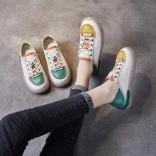 小白鞋春季新品頭層牛皮軟皮軟底2穿復古拼色單鞋平底休閑大碼女